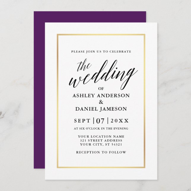 Invitación Moderna y elegante caligrafía Boda Purple Gold (Anverso / Reverso)