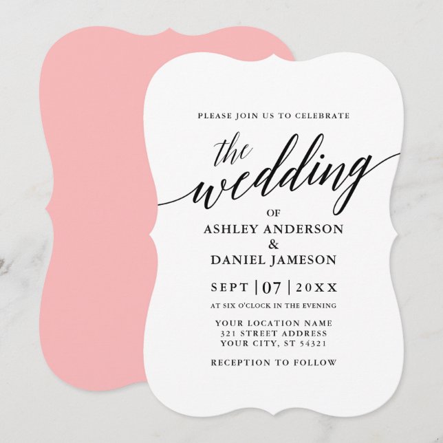 Invitación Moderna y elegante caligrafía Boda rosado de vuelt (Anverso / Reverso)