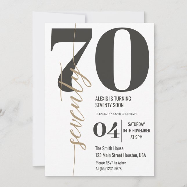 Invitación Moderna y elegante caligrafía SETENTA 70º cumpleañ (Anverso)