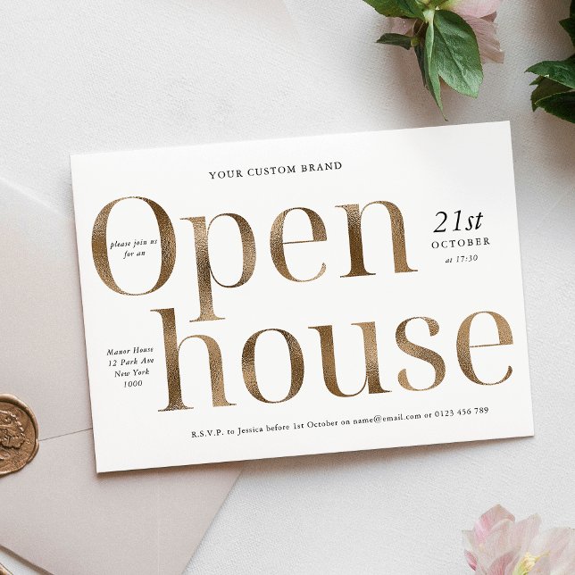 Invitación Moderna y elegante casa de negocios con efecto dor (Modern Elegant Gold Effect Business Open House Invitation)