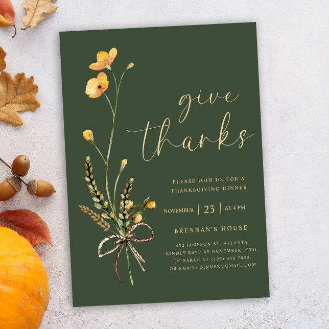 Invitación Moderna y elegante cena verde de Acción de Gracias (Elegant Wildflower Green Thanksgiving Dinner Invitation)
