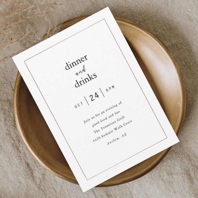 Invitación Moderna y elegante cena y negocio de bebidas (Elegant black and white dinner party invitation with simple gold frame and minimal typography.)