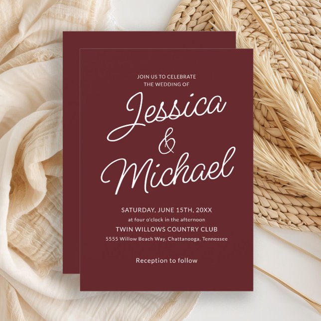 Invitación moderna y elegante con letra roja Caber (Burgundy wedding invitation)