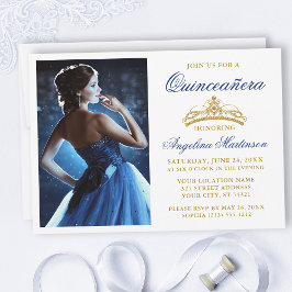 Invitación Moderna y elegante Corona de Oro Azul Real Quincea