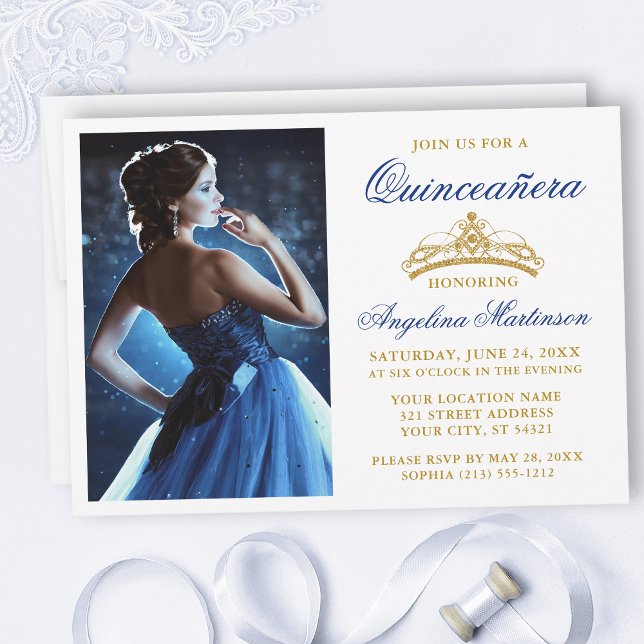 Invitación Moderna y elegante Corona de Oro Azul Real Quincea (Customize to change text size, style, color or to add text or more photos to back of card.)