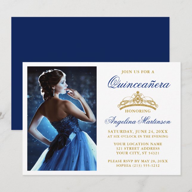 Invitación Moderna y elegante Corona de Oro Real Quinceanera  (Anverso / Reverso)