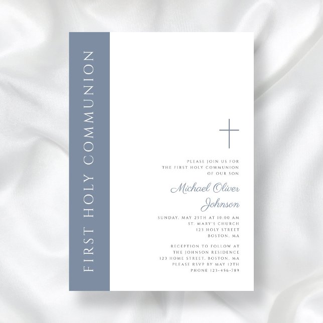 Invitación Moderna y elegante cruz azul turquesa primera comu (Modern Elegant Dusty Blue Cross First Communion Invitation)