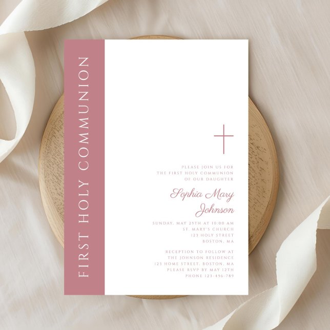Invitación Moderna y elegante cruz rosa Chica primera comunió (Modern Elegant Pink Cross Girl First Communion Invitation)