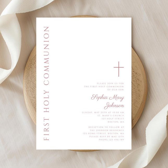Invitación Moderna y elegante cruz rosa Chica primera comunió (Modern Elegant Pink Cross Girl First Communion Invitation)