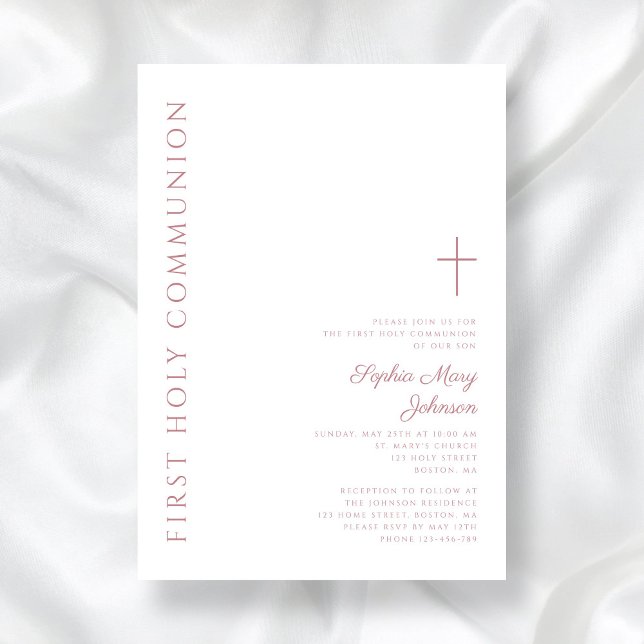 Invitación Moderna y elegante cruz rosa Chica primera comunió (Modern Elegant Pink Cross Girl First Holy Communion Invitation)
