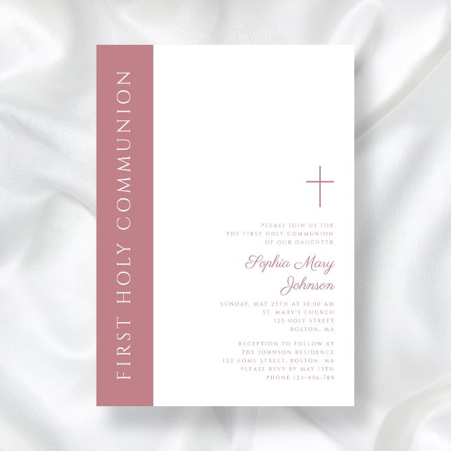 Invitación Moderna y elegante cruz rosa Chica primera comunió (Modern Elegant Pink Cross Girl First Communion Invitation)