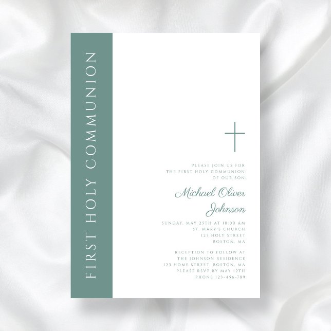 Invitación Moderna y elegante Cruz Verde Primera Comunión (Modern Elegant Green Cross First Holy Communion Invitation)