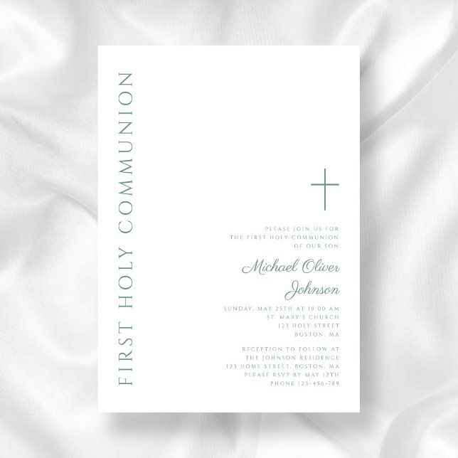 Invitación Moderna y elegante Cruz Verde Primera Santa Comuni (Modern Elegant Green Cross First Holy Communion Invitation)