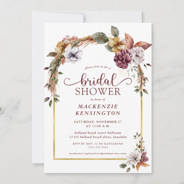 Invitación Moderna Y Elegante Ducha Bridal De Arco Floral Boh (Anverso)
