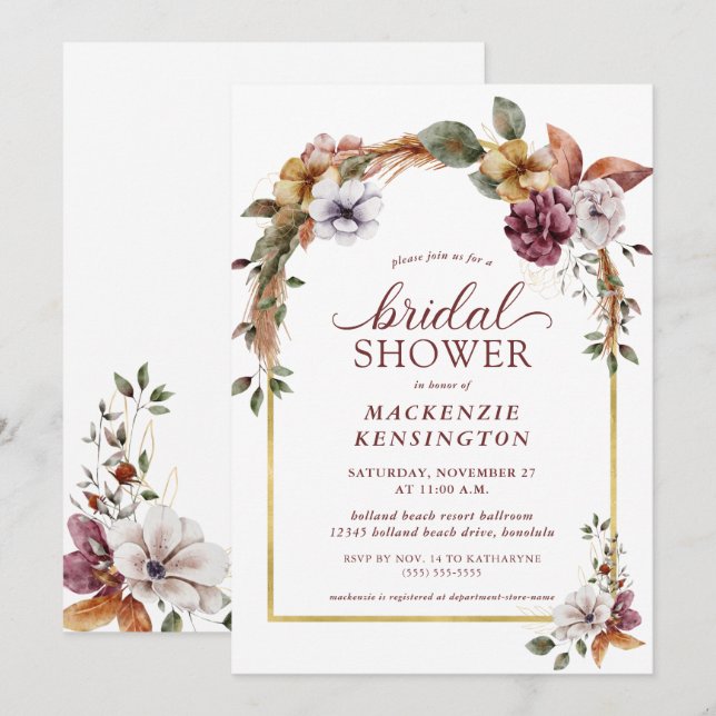 Invitación Moderna Y Elegante Ducha Bridal De Arco Floral Boh (Anverso / Reverso)