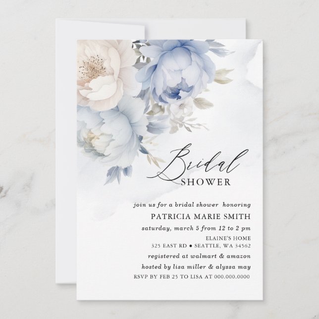 Invitación Moderna y elegante ducha de novia con flores azule (Anverso)