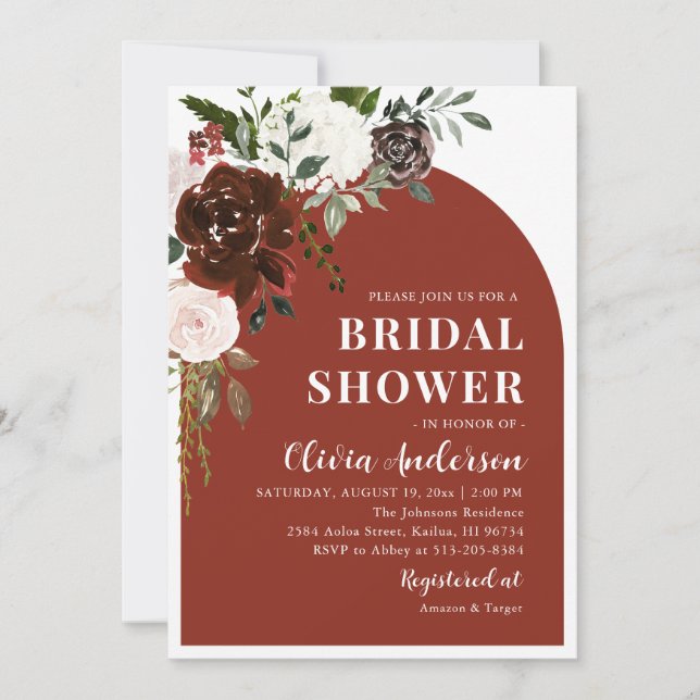 Invitación Moderna y elegante ducha de novia floral borgoñona (Anverso)