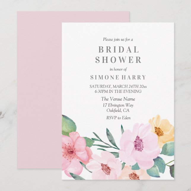 Invitación Moderna y elegante ducha de novia floral rosa (Anverso / Reverso)