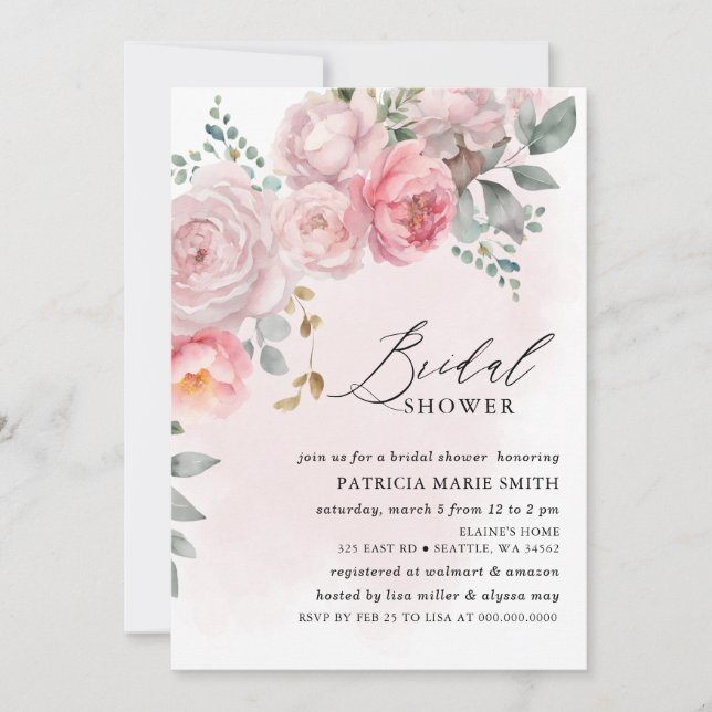 Invitación Moderna y elegante ducha de novia floral Rubor ros (Anverso)