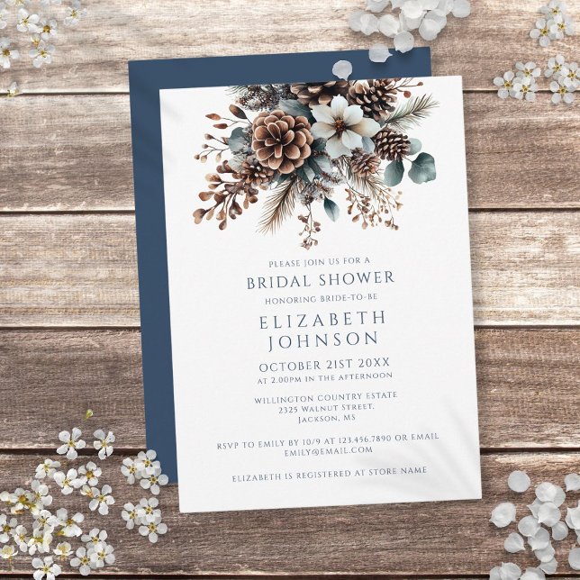 Invitación Moderna y elegante ducha de novias rústica floral (Modern Elegant Winter Floral Forest Bridal Shower Invitation)
