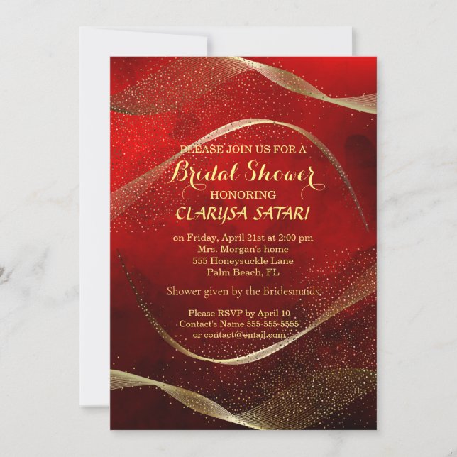 Invitación Moderna y elegante ducha dorada y de novia roja (Anverso)