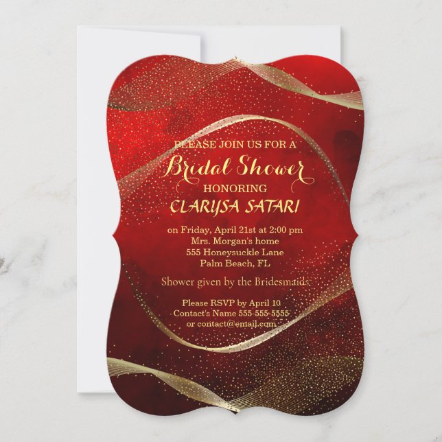 Invitación Moderna y elegante ducha dorada y de novia roja (Anverso)