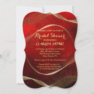 Invitación Moderna y elegante ducha dorada y de novia roja
