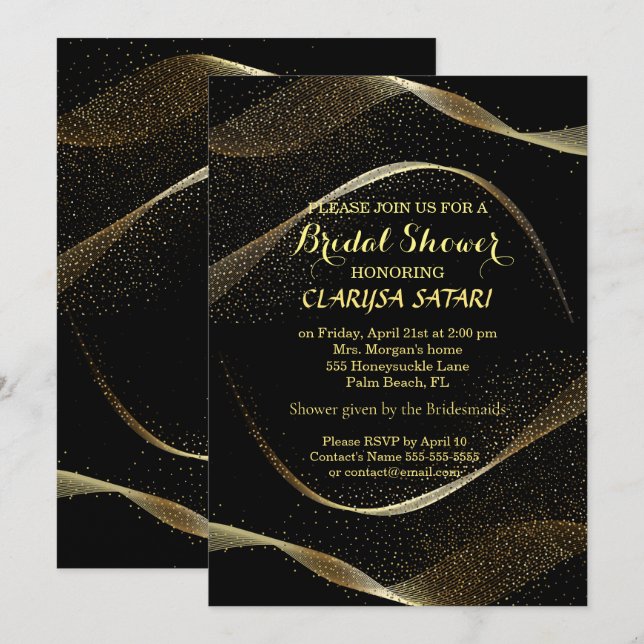 Invitación Moderna y elegante ducha dorada y negras de novias (Anverso / Reverso)