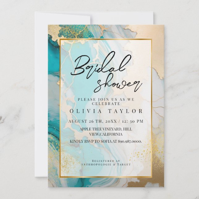 Invitación Moderna y elegante ducha marble turquesa de novia (Anverso)