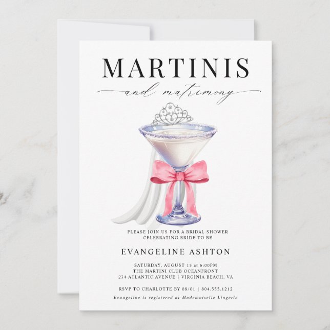 Invitación Moderna y elegante ducha martini y marrimonia (Anverso)
