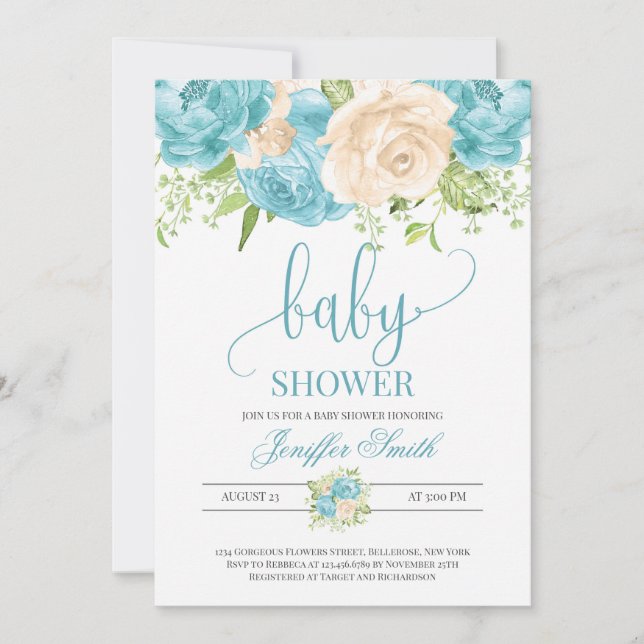 Invitación Moderna y elegante ducha verde azulada y crema flo (Anverso)
