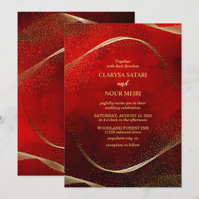 Invitación moderna y elegante en oro y rojo (Anverso / Reverso)