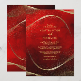 Invitación moderna y elegante en oro y rojo