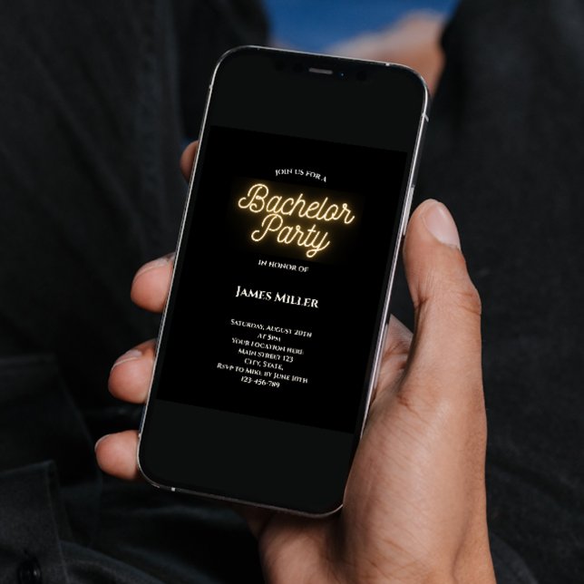 Invitación Moderna y elegante fiesta de bachiller en oro blan (modern stylish bachelor party invitation black white gold neon sign script)