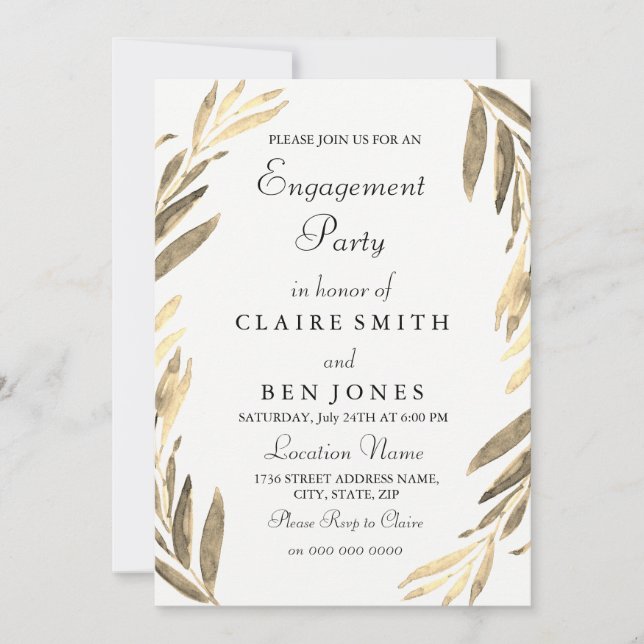 Invitación Moderna y elegante fiesta de compromiso de Golden  (Anverso)