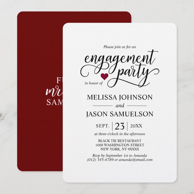 Invitación Moderna y elegante fiesta de compromiso del corazó (Anverso / Reverso)