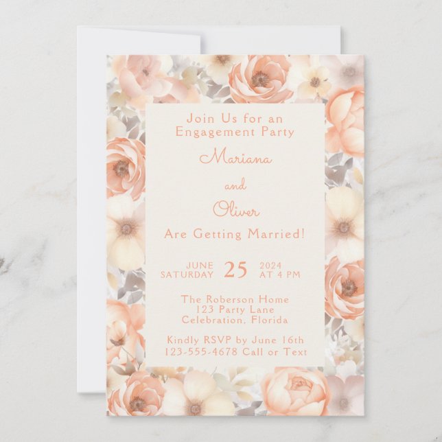 Invitación Moderna y elegante fiesta de compromiso floral pek (Anverso)