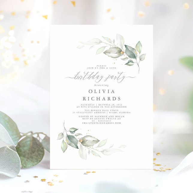 Invitación Moderna y elegante fiesta de cumpleaños (Minimalist Greenery Birthday Invitations)