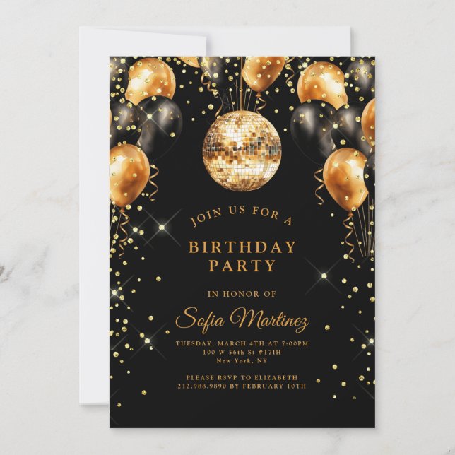 Invitación Moderna y elegante fiesta de cumpleaños Black Gold (Anverso)