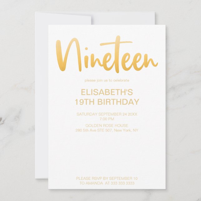 Invitación Moderna y elegante fiesta de cumpleaños blanca 19 (Anverso)