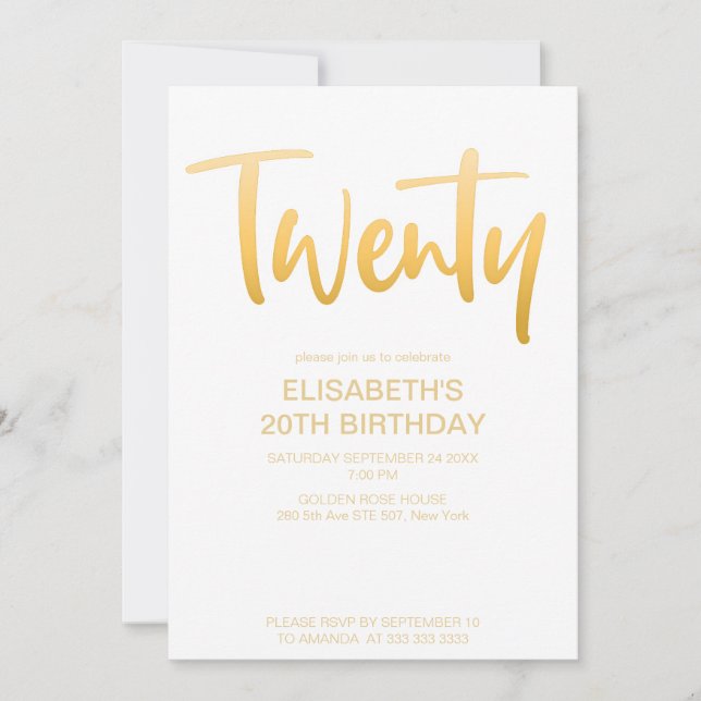 Invitación Moderna y elegante fiesta de cumpleaños blanca 20 (Anverso)