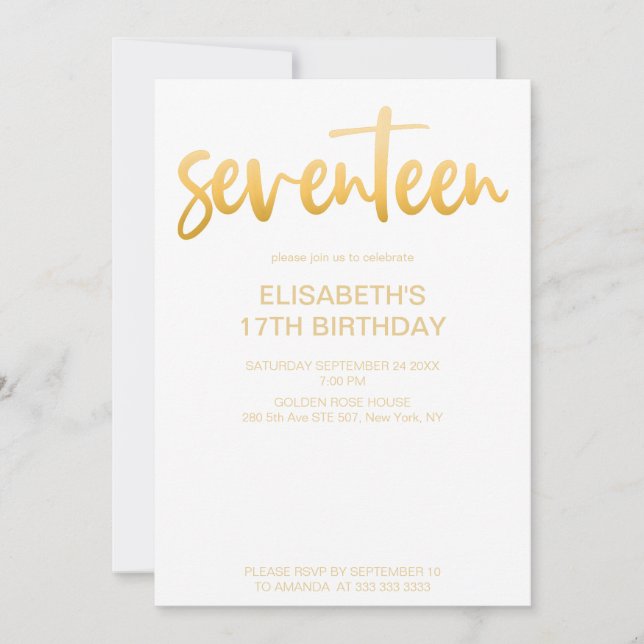 Invitación Moderna y elegante fiesta de cumpleaños de 17 años (Anverso)