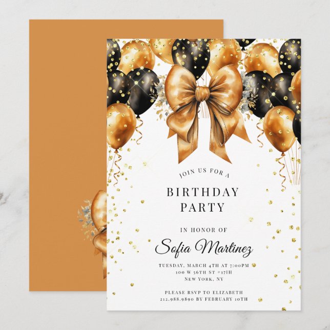 Invitación Moderna y elegante fiesta de cumpleaños Oro negro  (Anverso / Reverso)