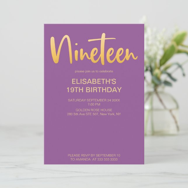 Invitación Moderna y elegante fiesta de cumpleaños Purple 19 (Anverso de pie)