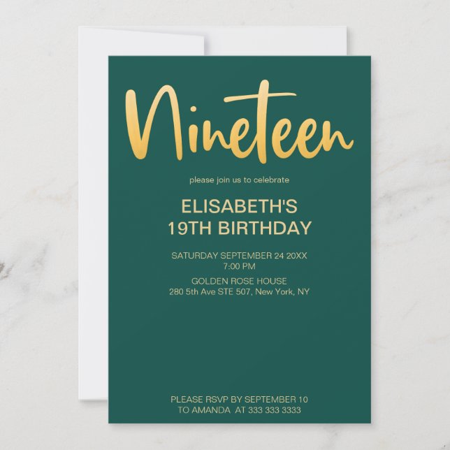 Invitación Moderna y elegante fiesta de cumpleaños verde 19 (Anverso)