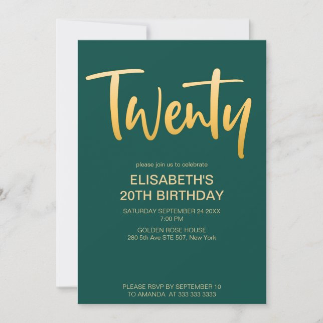 Invitación Moderna y elegante fiesta de cumpleaños verde 20 (Anverso)