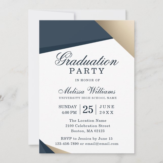Invitación Moderna y elegante fiesta de graduación de oro azu (Anverso)