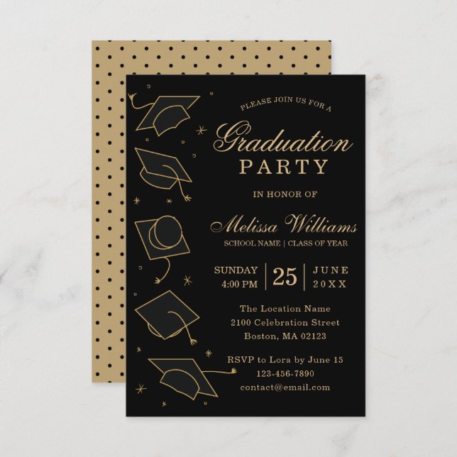Invitación Moderna y elegante fiesta de graduación en negro y (Anverso / Reverso)