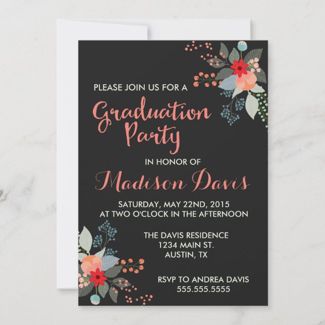 Invitación Moderna y elegante fiesta de graduación floral (Anverso)