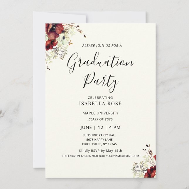 Invitación Moderna y elegante fiesta de graduación floral mín (Anverso)